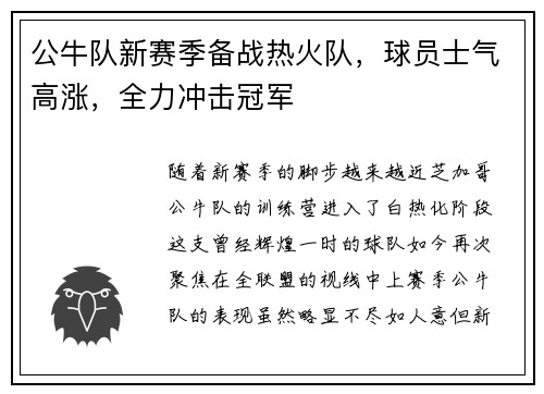 公牛队新赛季备战热火队，球员士气高涨，全力冲击冠军